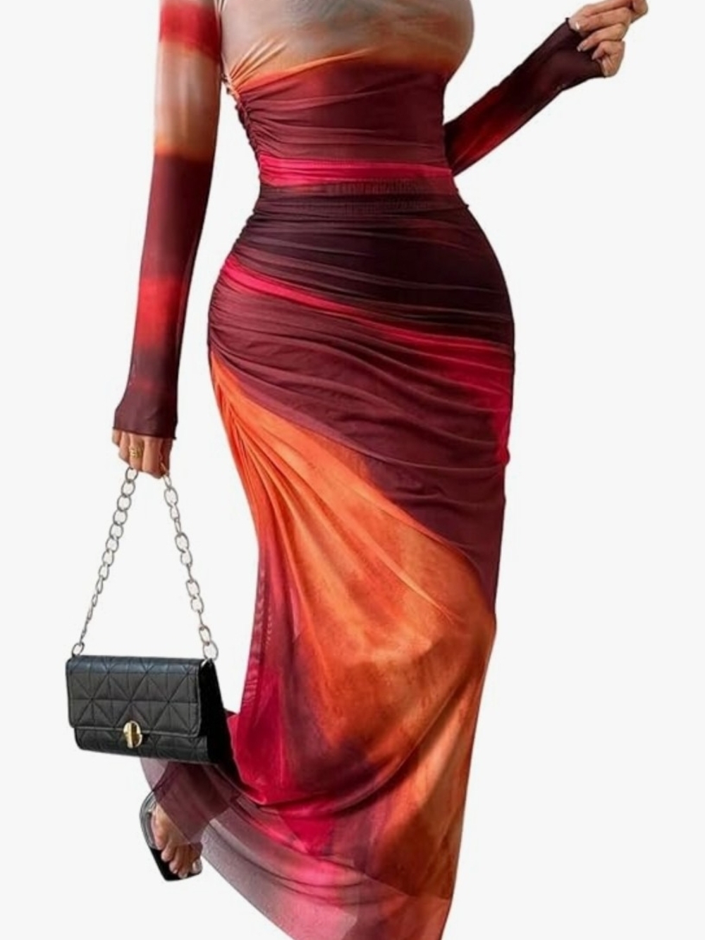 Ruched Long-Sleeve Maxi Dress in Sunset Red and Orange
